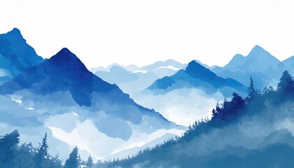 Wall Mural - Blue mountain background. landscape background design with watercolor brush texture. Wallpaper design, Wall art for home decor and prints