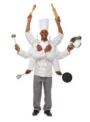 Wall Mural - Man, portrait and chef multitasking cooking for dinner rush, kitchen for food preparation. Black person, face and utensils or fine dining menu isolated on transparent png background, prepare or lunch