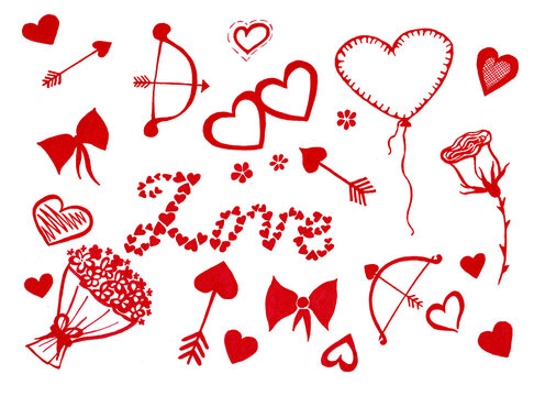 Doodle of different love symbols. Red on a white background. Cupid's Hearts, Bow and Arrows. Arrows with tips in the form of a heart. Bows, flowers, a heart balloon, a rose on a long stem. Outline.