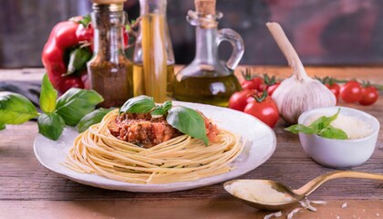 Italian spaghetti on rustic wooden table