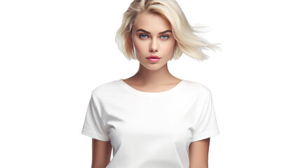 Wall Mural - Front views of young woman in stylish t-shirt on white background. Mockup for design