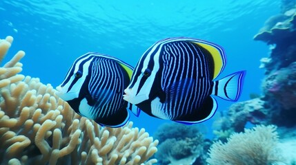 Wall Mural - A pair of Emperor Angelfish swimming together in perfect harmony, beautifully depicted in