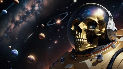 Wall Mural - Undead golden astronaut in a spacesuit in deep space, surrealistic animation. Forgotten person, skeleton in spacesuit illustrations, transformations and metamorphose. AI generated video
