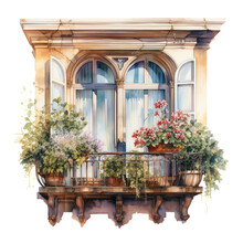 Vintage Watercolor Old European Balcony Window With Flowers