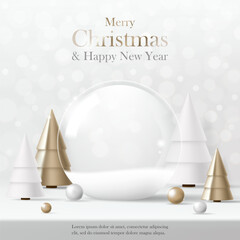 3D Vector Merry Christmas product display podium banner. Empty glass snow ball with gold tree on white background. Luxury modern minimal style, decoration party, promotion sale, social media post