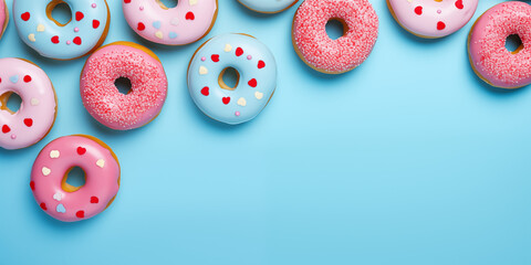 Vibrant pink and blue frosted donuts sprinkled with red hearts confetti on a pastel blue backdrop. Banner, aerial view, flat layout. Birthday, Valentine's day and Woman day present