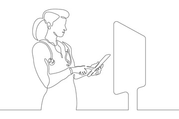 Poster - female doctor with a tablet. the surgeon looks at the big screen. medical technologies. doctor onlin
