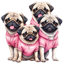 Watercolor Illustration Of  A Group Of Cute Kawaii Pug Dogs Wearing Pink Clothes.. Creative Graphics Design. 