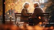 Senior couple sitting on garden bench in autumn with falling leaves. Tenderness and complicity