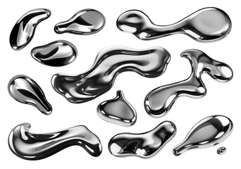 Poster - Y2K Melty chrome shapes isolated. Spilled liquid metal drops. Futuristic metallic puddles