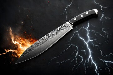 A generic sharp chef's knife with a silver blade set against a lightning storm at night with lightning bolts  background