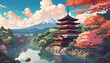 Retro color of A Beautiful Fantasy Anime Kyoto Traditional Temple House Landscape Wallpaper Background