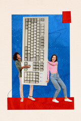 Poster - Vertical creative collage image of funny businesspeople partners carry big keyboard working freak bizarre unusual fantasy billboard
