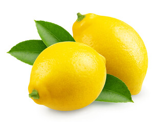 Wall Mural - Lemon isolated. Two ripe lemons with leaves on a transparent background.