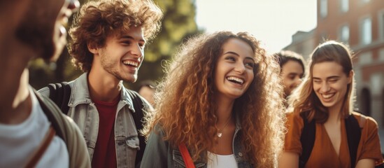 Vertical street photo of young friends happily walking laughing and having fun together copy space image