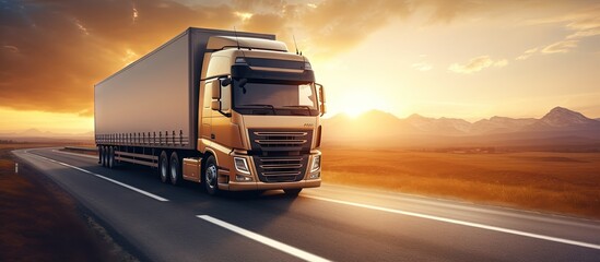 Poster - Trucks transporting cargo at sunset offering cost effective transportation for commercial logistics copy space image