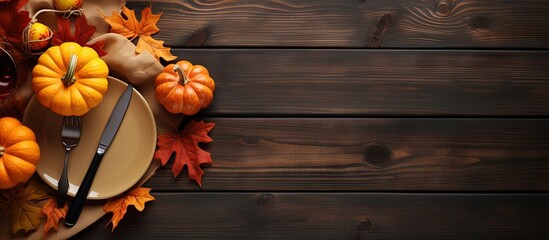 Poster - Top view of an autumn themed Thanksgiving dinner table with decorated pumpkins and maple leaves copy space image