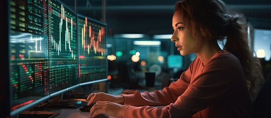 Poster - Young woman working late in a modern office with stock trading double exposure copy space image