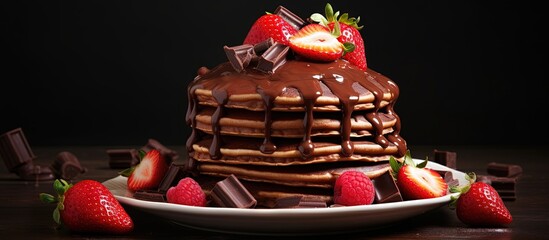 Aufkleber - Top view of stack of chocolate pancakes with strawberries and chocolate topping copy space image