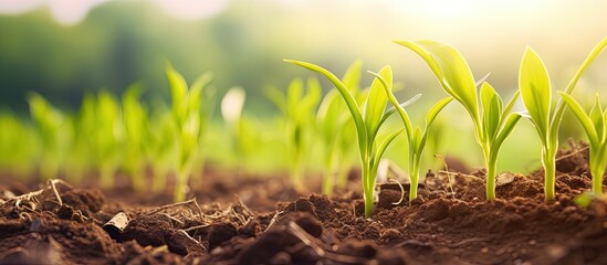 Wall Mural - Young corn seedlings sprouting in a farm field copy space image