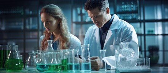 Aufkleber - Young student and supervisor scientist observing color shift in flask in chemical lab copy space image