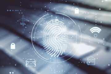 Aufkleber - Double exposure of virtual creative fingerprint hologram on blurry metal background, research and development concept