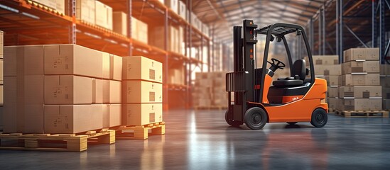 Transport goods in warehouse using electric forklift pallet jack copy space image