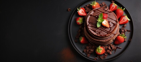 Aufkleber - Top view of stack of chocolate pancakes with strawberries and chocolate topping copy space image