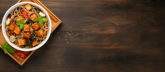 Aufkleber - Top view of a bowl with soba noodles vegetables and fried tofu copy space image