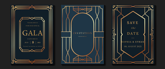 Luxury invitation card background vector. Elegant classic antique design, gold lines gradient on dark blue background. Premium design illustration for gala card, grand opening, art deco.