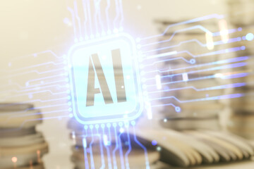 Poster - Double exposure of creative artificial Intelligence icon on growing stacks of coins background. Neural networks and machine learning concept