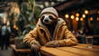 © Odin - Cute stylish sloth in cafe. Generative AI