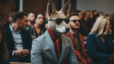 Fototapeta  - Cute dog in stylish pink business suit and glasses. Generative AI