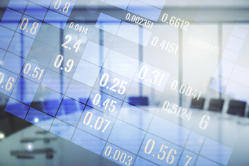 Poster - Multi exposure of stats data illustration on a modern conference room background, computing and analytics concept