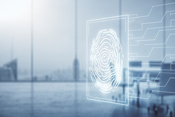 Aufkleber - Multi exposure of virtual creative fingerprint hologram on a modern meeting room background, personal biometric data concept