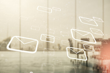 Poster - Abstract virtual postal envelopes sketch on a modern boardroom background, e-mail and marketing concept. Double exposure