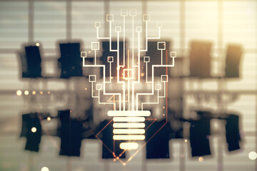Poster - Virtual creative idea concept with light bulb and microcircuit illustration on a modern conference room background. Neural networks and machine learning concept. Multiexposure