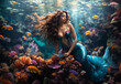 Mythical mermaid in an ocean full of marine life