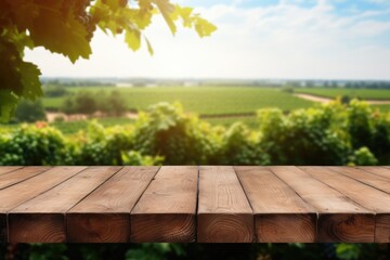 empty wooden table top for product display montages with blurred rows of grape bushes background, vineyard, winery