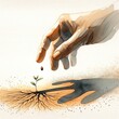 © Faith Stock - The mustard seed. Human hand planting on white background.