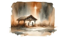 Watercolor Illustration Of Jesus Christ Birth. Night Landscape