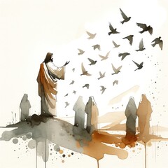 Wall Mural - Look at the birds. Watercolor illustration of Jesus and silhouette of people with a flock of birds in the sky