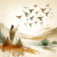 Wall Mural - Look at the birds. Watercolor illustration of Jesus Christ showing a flock of birds in the sky