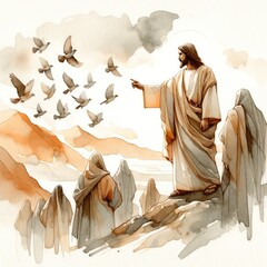 Wall Mural - Look at the birds. Jesus Christ on the mountain showing to people the flock of birds. Watercolor illustration.