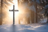 Fototapeta  - Cross in the winter forest. Christian cross in the snowy forest.