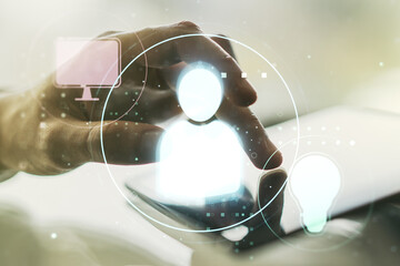 Poster - Double exposure of social network icons concept with finger clicks on a digital tablet on background. Marketing and promotion concept