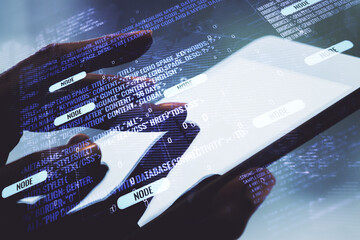 Poster - Multi exposure of abstract graphic coding sketch with world map and hand working with a digital tablet on background, big data and networking concept