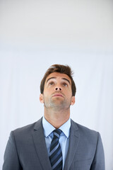 Aufkleber - Thinking, looking up and business man in studio with options, decision and brainstorming ideas. Corporate, professional career and worker for problem solving, solution and choice on white background