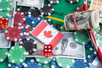 Wall Mural - Online poker concept. Smartphone and poker chips on a green background. Poker online banner. Copy space. Vignette. Place for text. Gambling. Background