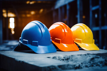 Safety banner. Building construction engineering concept background. Safety construction worker helmet